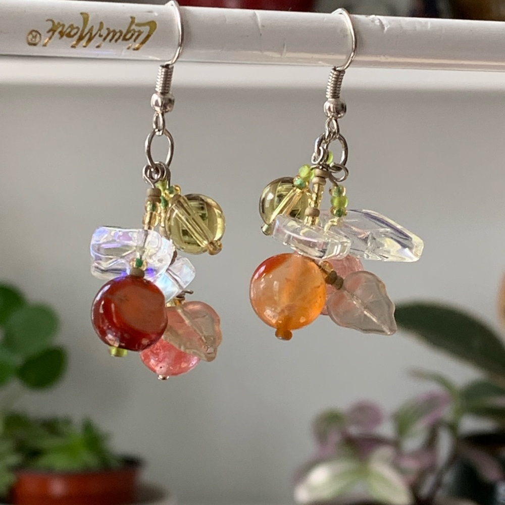 Glass iridescent pale berry and leaf bunch earrings translucent ghost berries